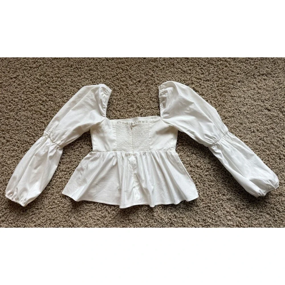 Reformation Organic Cotton Puff Sleeve Peasant Top Smocked Back Ivory Size 2